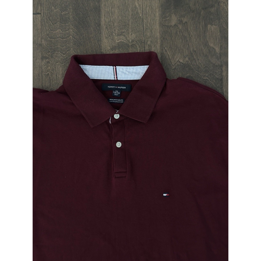 Tommy Hilfiger Mens Regular Stretch Fit Burgundy Polo Shirt Size 2XL Flag Logo